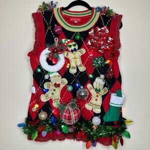 Ugly Christmas Sweater Vest LIGHTS UP Tacky Tinsel Xmas Party Winner Size Medium